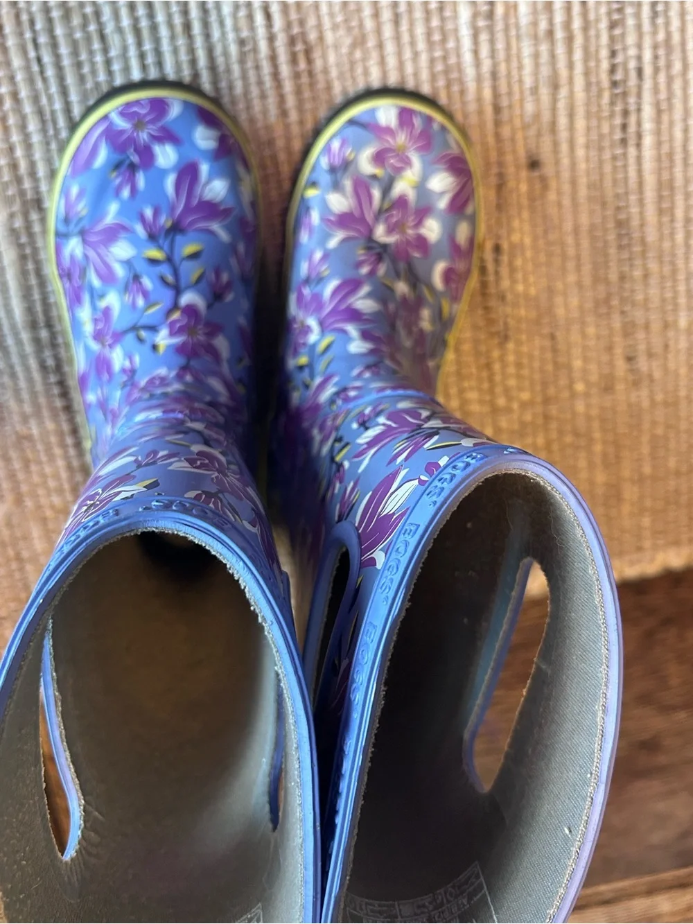 Bogs Lavender Floral Rain Boots with Yellow Trim